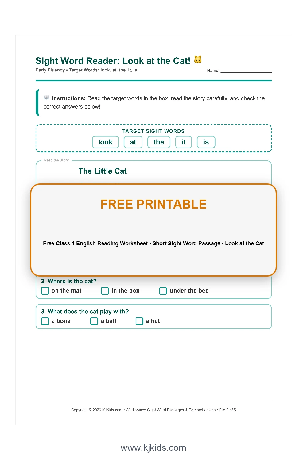 Free Class 1 English Reading Worksheet - Short Sight Word Passage - Look at the Cat