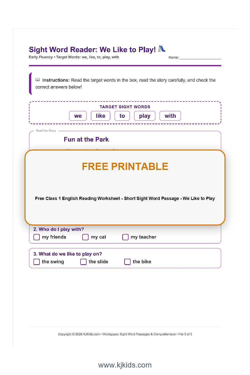 Free Class 1 English Reading Worksheet - Short Sight Word Passage - We Like to Play