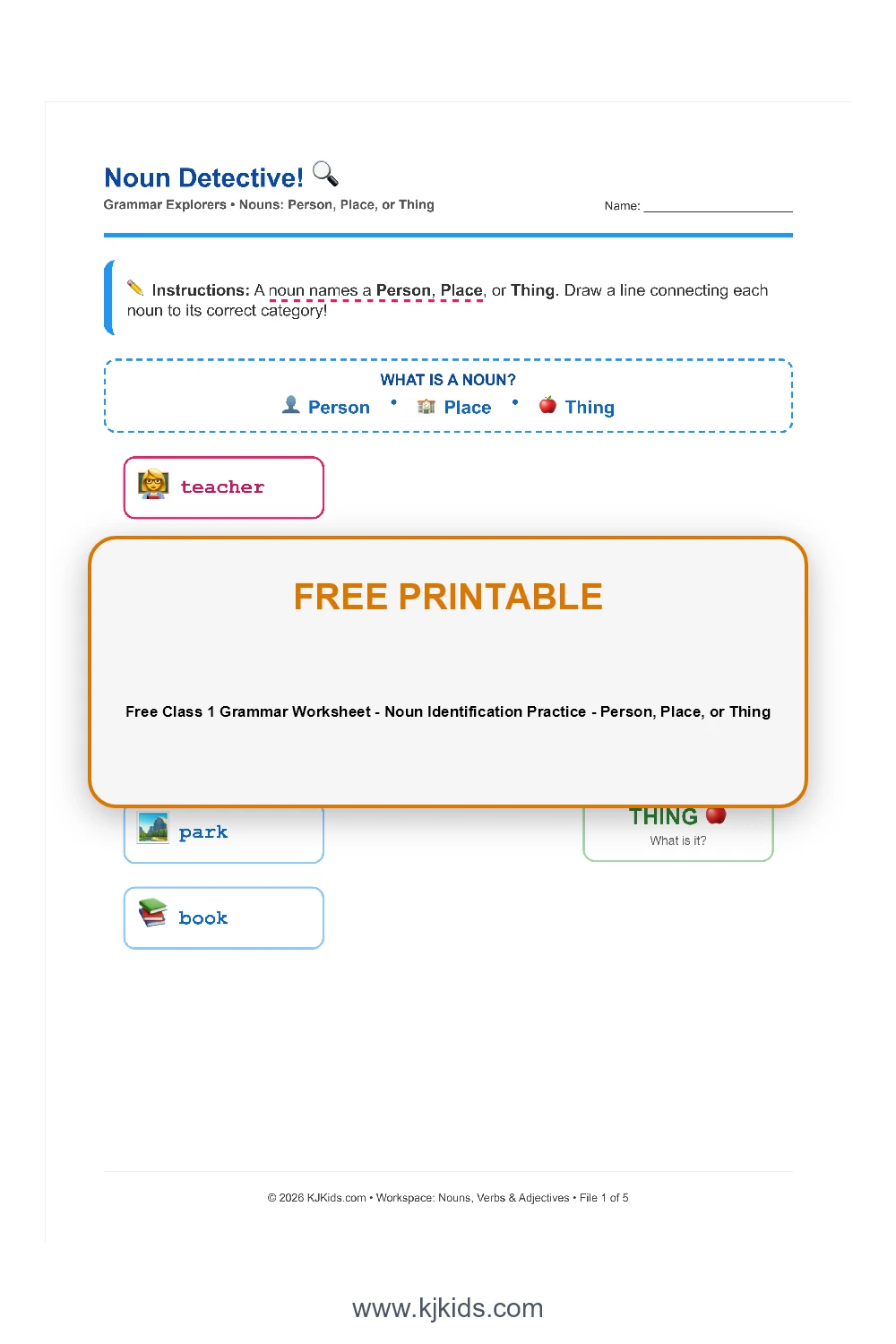 Free Class 1 Grammar Worksheet - Noun Identification Practice - Person, Place, or Thing