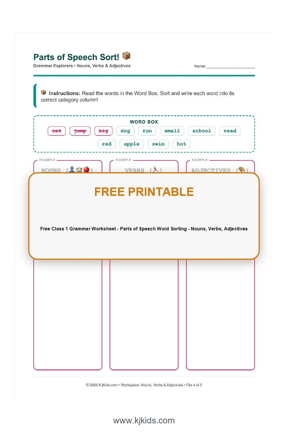Free Class 1 Grammar Worksheet - Parts of Speech Word Sorting - Nouns, Verbs, Adjectives
