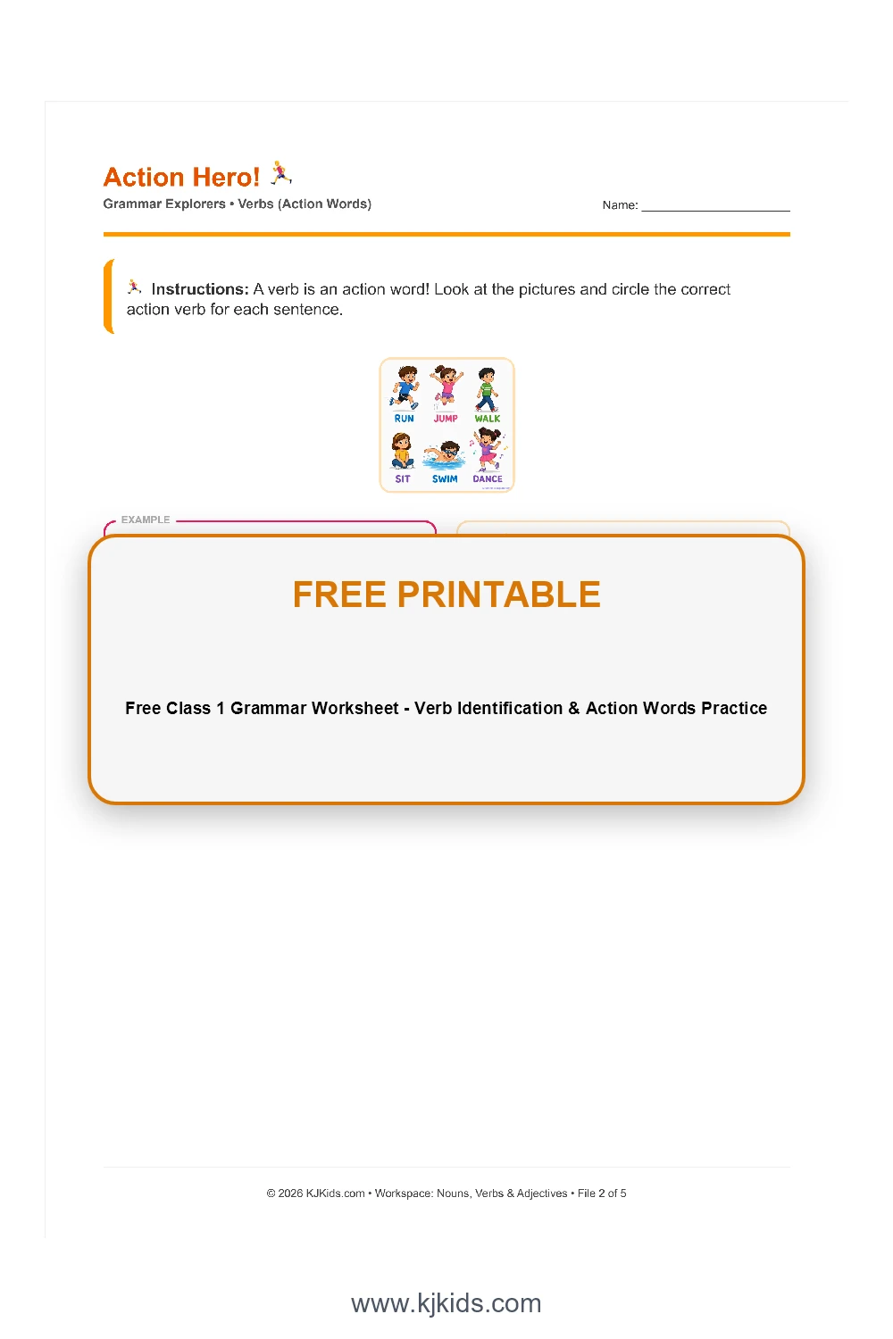 Free Class 1 Grammar Worksheet - Verb Identification & Action Words Practice