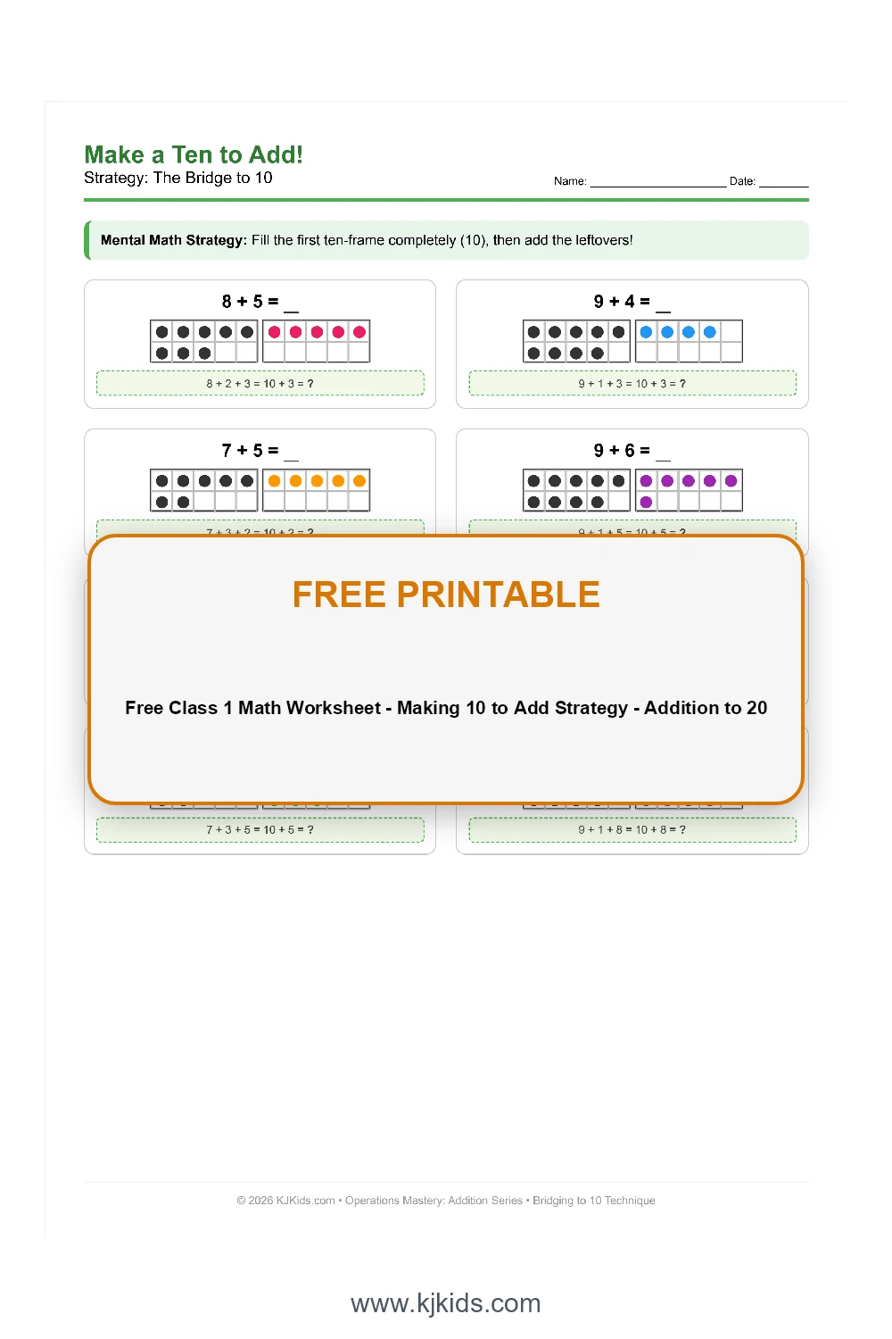 Free Class 1 Math Worksheet - Making 10 to Add Strategy - Addition to 20