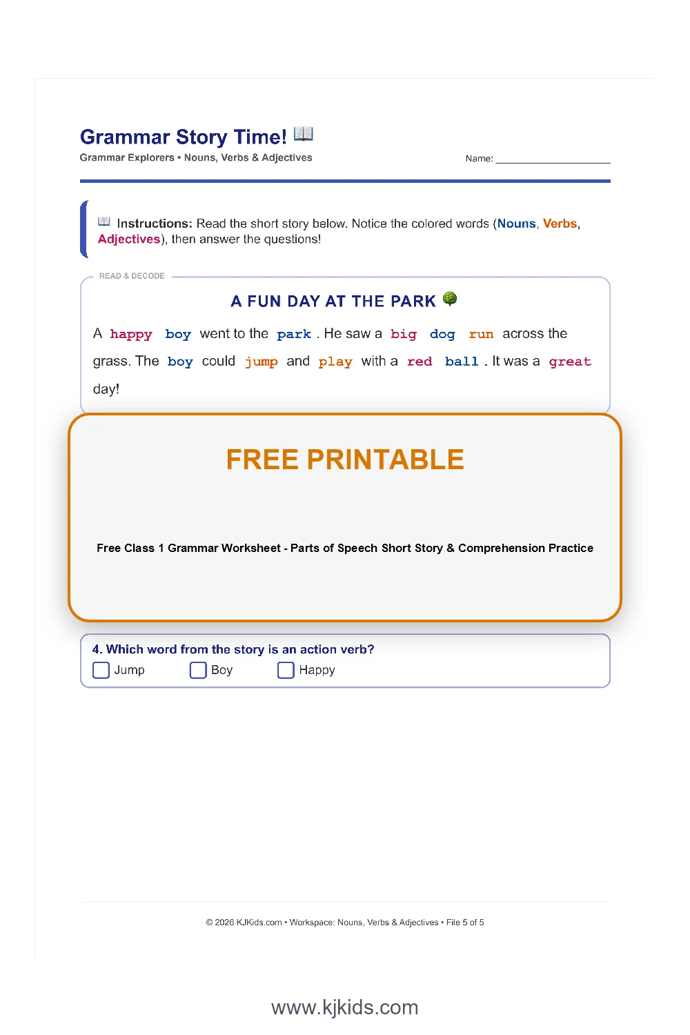Free Class 1 Grammar Worksheet - Parts of Speech Short Story & Comprehension Practice