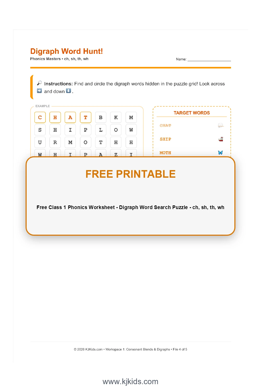 Free Class 1 Phonics Worksheet - Digraph Word Search Puzzle - ch, sh, th, wh
