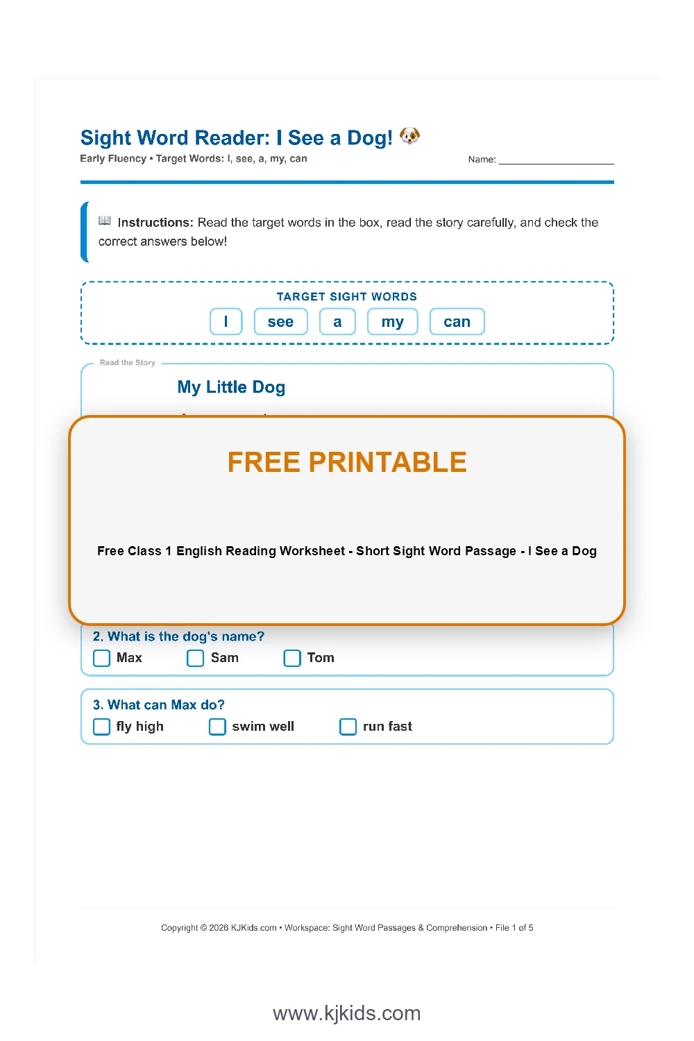 Free Class 1 English Reading Worksheet - Short Sight Word Passage - I See a Dog
