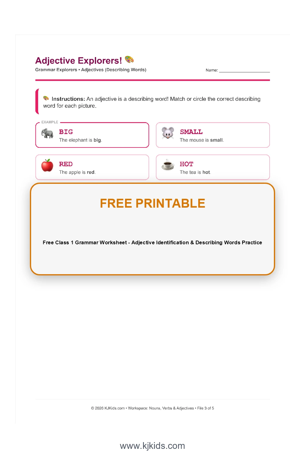 Free Class 1 Grammar Worksheet - Adjective Identification & Describing Words Practice