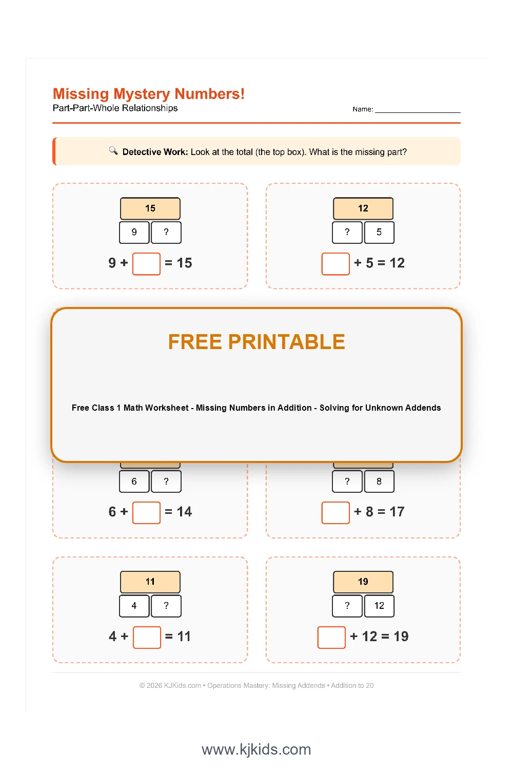 Free Class 1 Math Worksheet - Missing Numbers in Addition - Solving for Unknown Addends