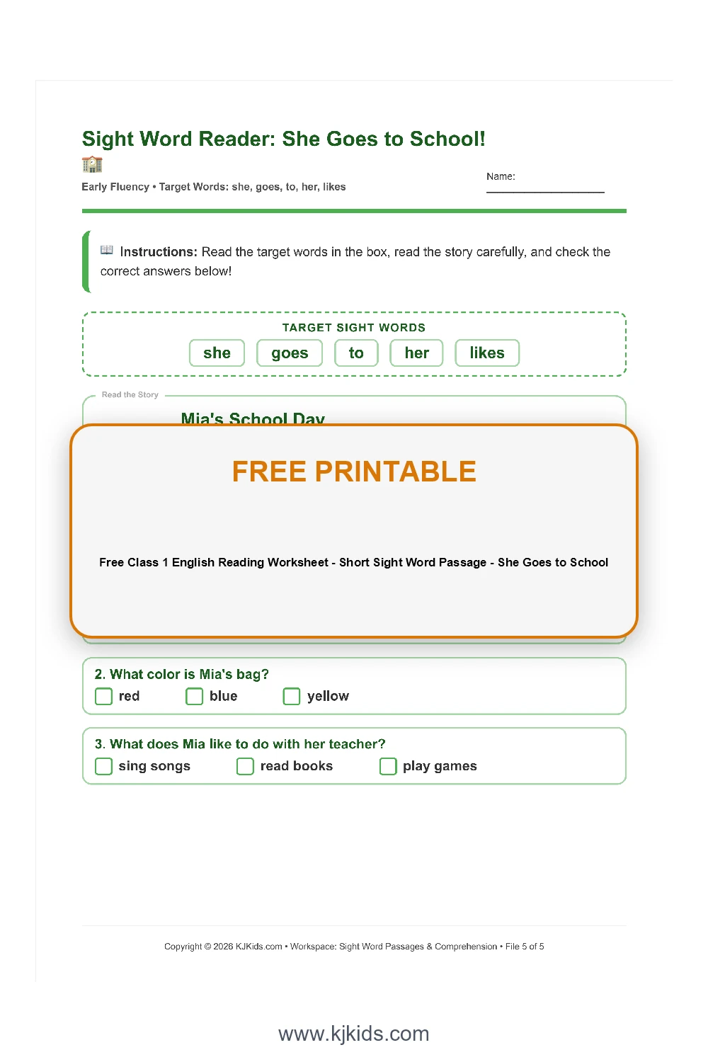 Free Class 1 English Reading Worksheet - Short Sight Word Passage - She Goes to School