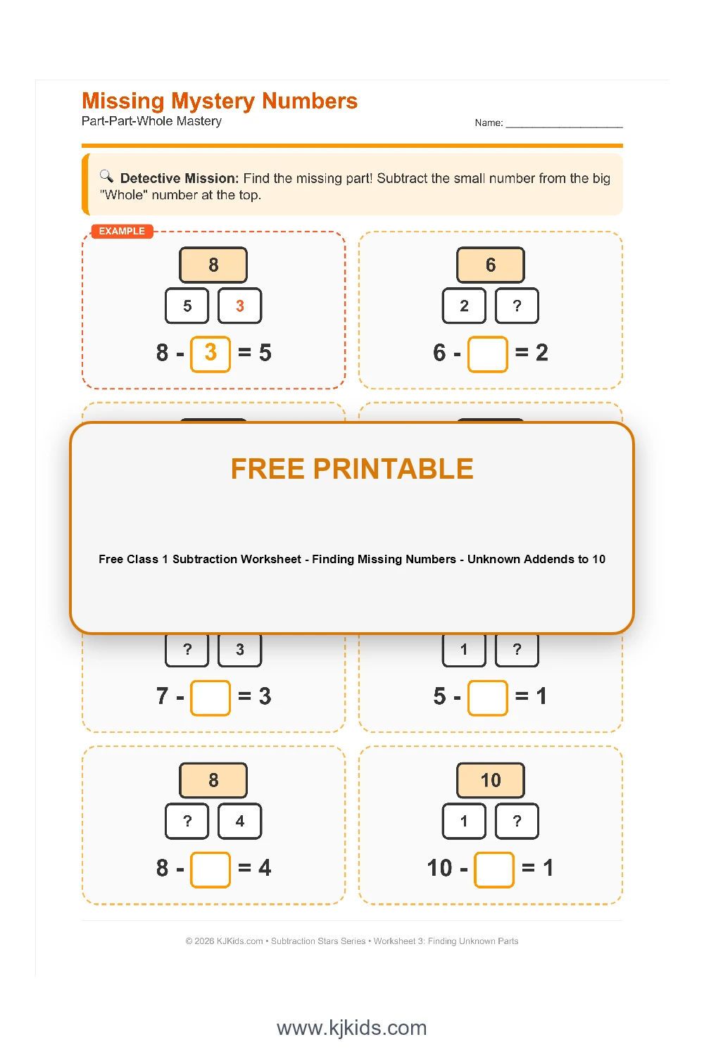 Free Class 1 Subtraction Worksheet - Finding Missing Numbers - Unknown Addends to 10